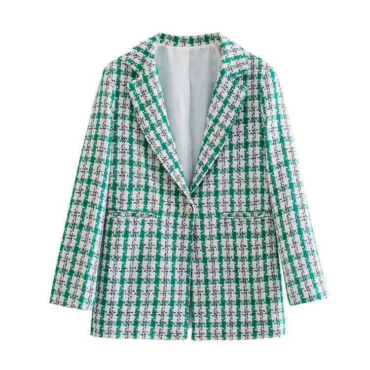 Blazer holgado clásico a cuadros verdes para mujer, abrigo de longitud media con cuello para primavera y otoño