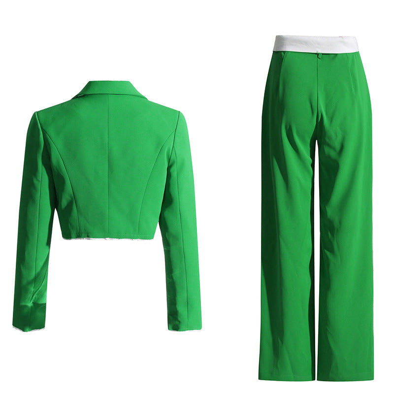 Conjunto de dos piezas de traje de pantalón recto de cintura alta con reborde, chaqueta informal corta para mujer, otoño