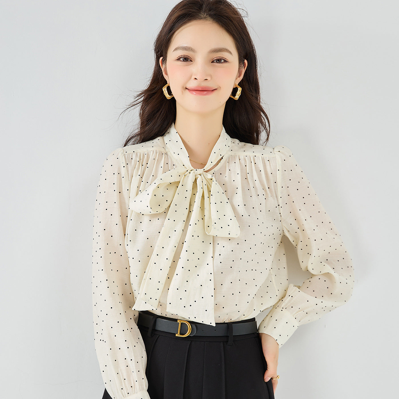 All-match Polka Dot Shirt Bow Streamer Long Sleeve