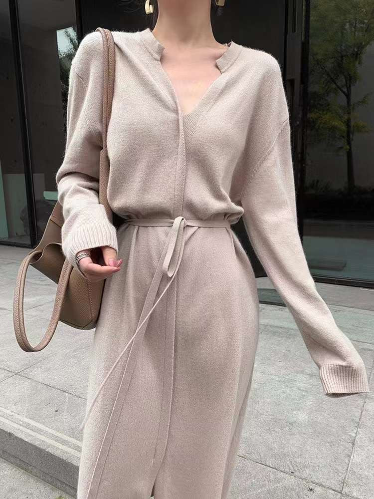 Dress Autumn Winter Simple Temperamental Slimming Solid Color Mid Length over the Knee Drawstring Waist Knitted Dress Women