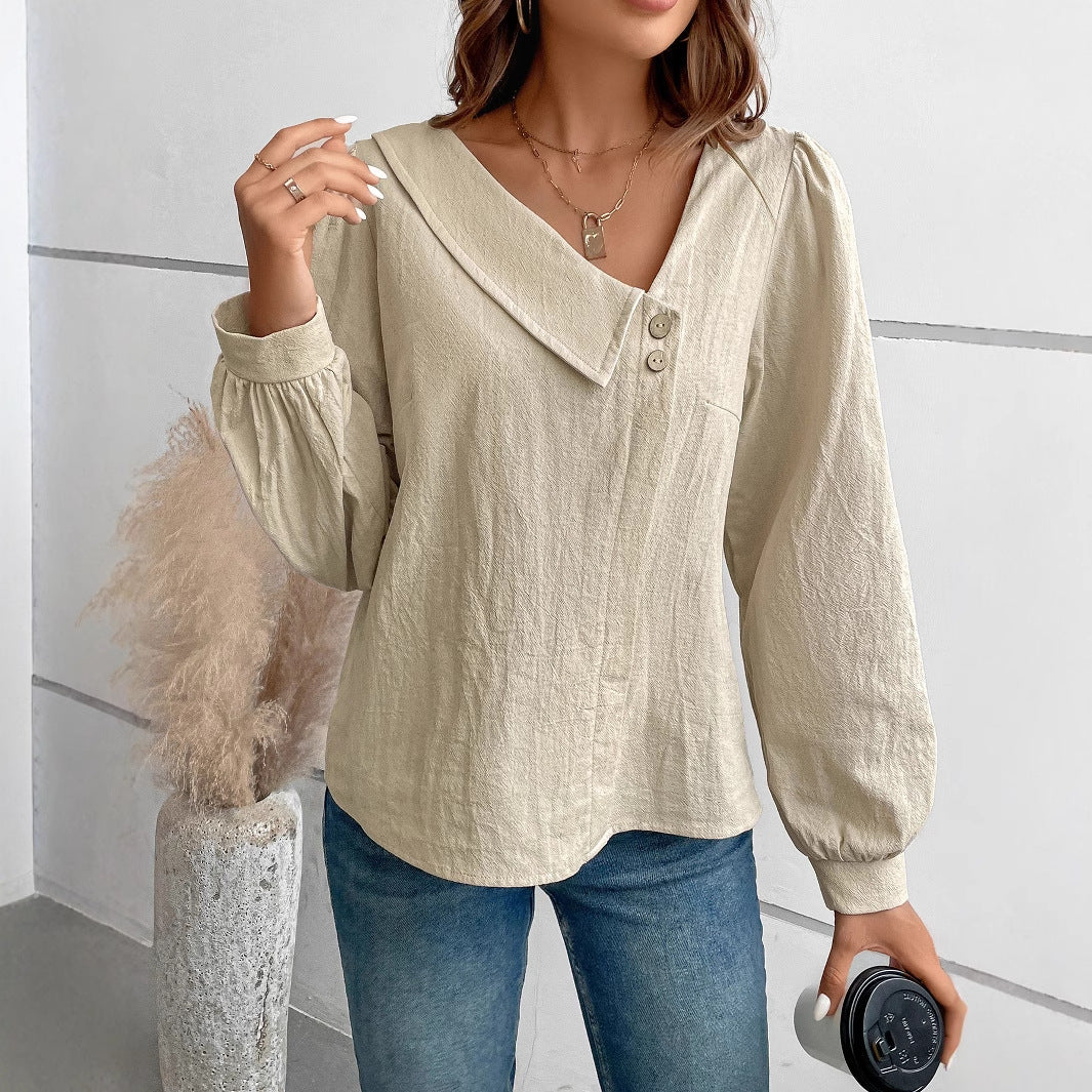 Autumn Winter V neck Button Long Sleeve Women Shirt Solid Color Loose Top Women Clothing Shirt