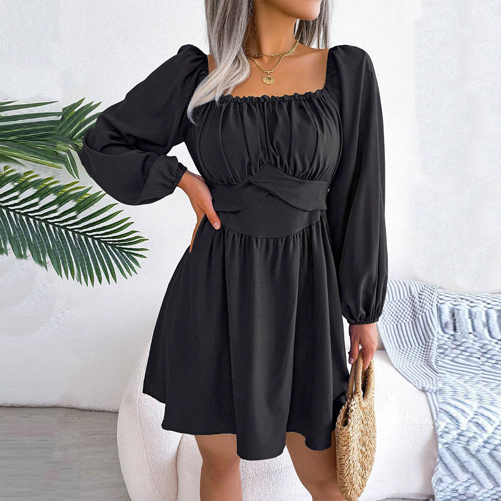 Women Clothing French Intellectual Square Collar Dress Autumn Winter Pleated Waist Tight Slimming High Grade