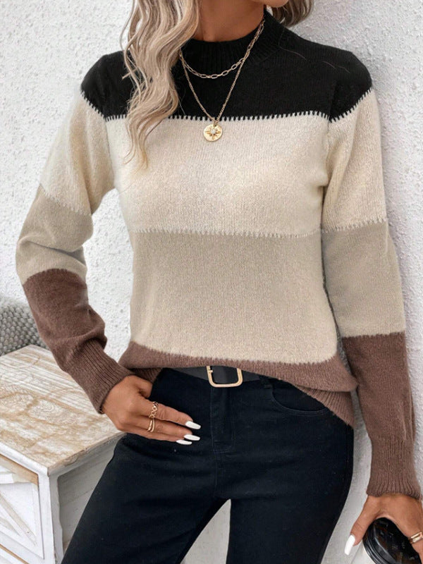 Pull de couleur contrastée pour femme, pull à col rond, manches longues, tricot décontracté, hauts assortis, automne hiver