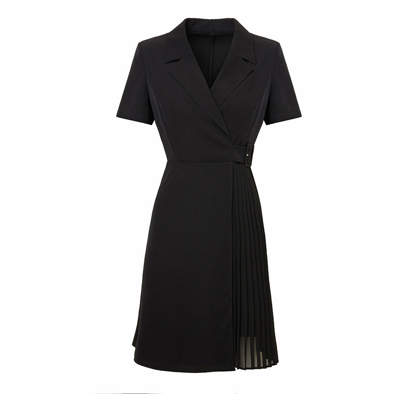 Spring Summer Hepburn Little Black Dress Office Pleated Chiffon Dress for Women