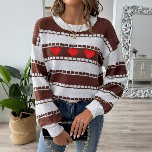 Pull pour femme, chemise à bas, contraste de couleur, patchwork, rayé, bloc de couleur, broderie, autocollants d'amour, pull