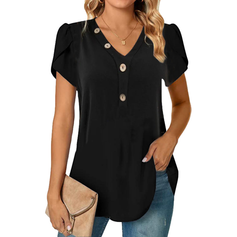 Women's V-neck Stitching Short Sleeve Button