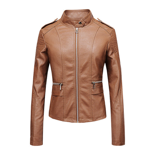 Veste en cuir slim pour femme Vêtements de moto pour femme Veste en similicuir pour femme Veste courte en cuir pour femme Three Line Craft