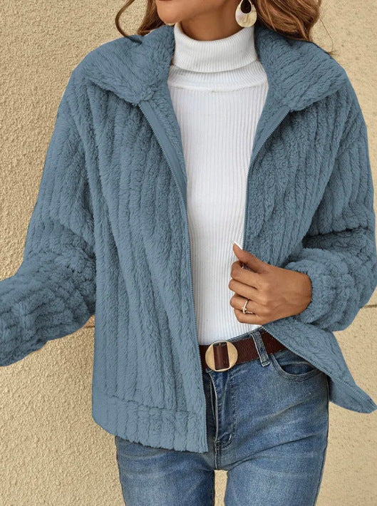 Manteau court à col en velours à rayures enfoncées pour femme, vêtements d'extérieur, automne hiver