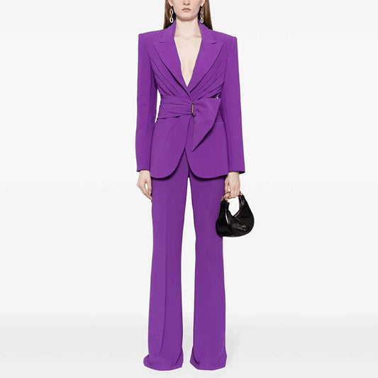 Women Asymmetric Belt Slim Fit Blazer Trousers Set