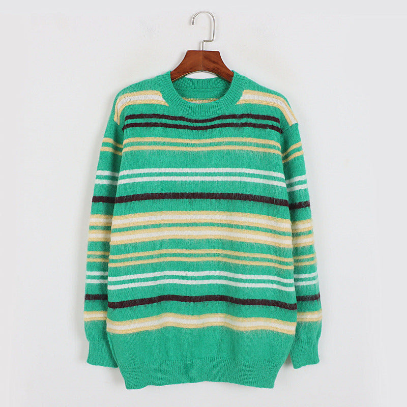 Colorful Striped Mid Length Thick Autumn Winter Korean Contrast Color Idle Loose Knitted Sweater