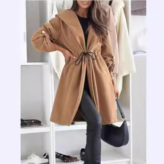 Tie Hooded Collared Women Casual Long Sleeve Autumn Winter Coat