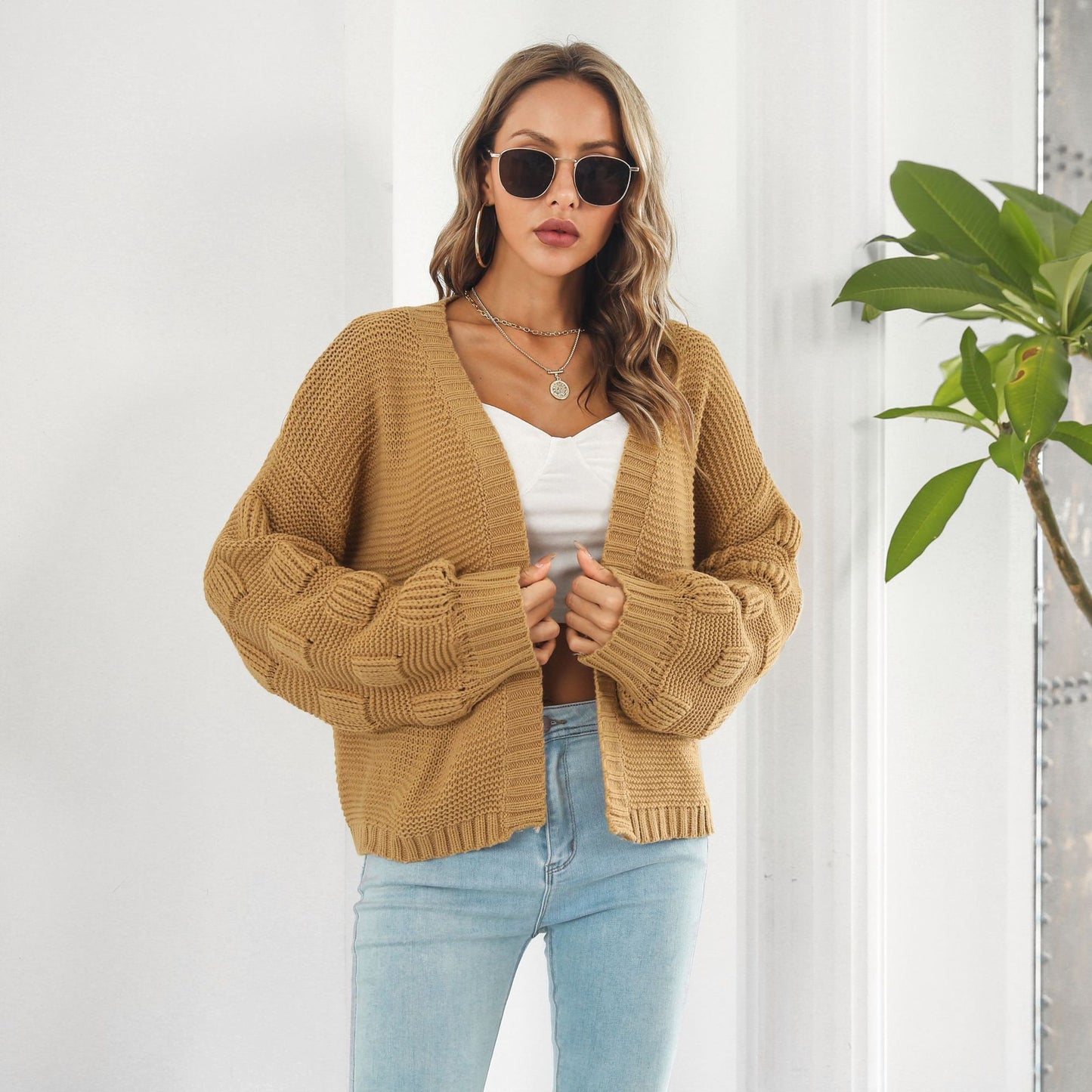 Three Dimensional Bubble Lantern Sleeve Loose Knitted Sweater Cardigan Coat Women Autumn Winter Women Sweater