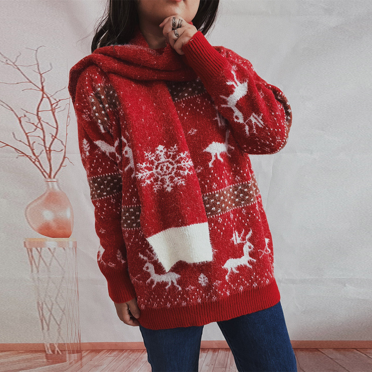 Autumn Winter round Neck Long Sleeve Deer Snowflake Jacquard Christmas Sweater Scarf Two Piece Set