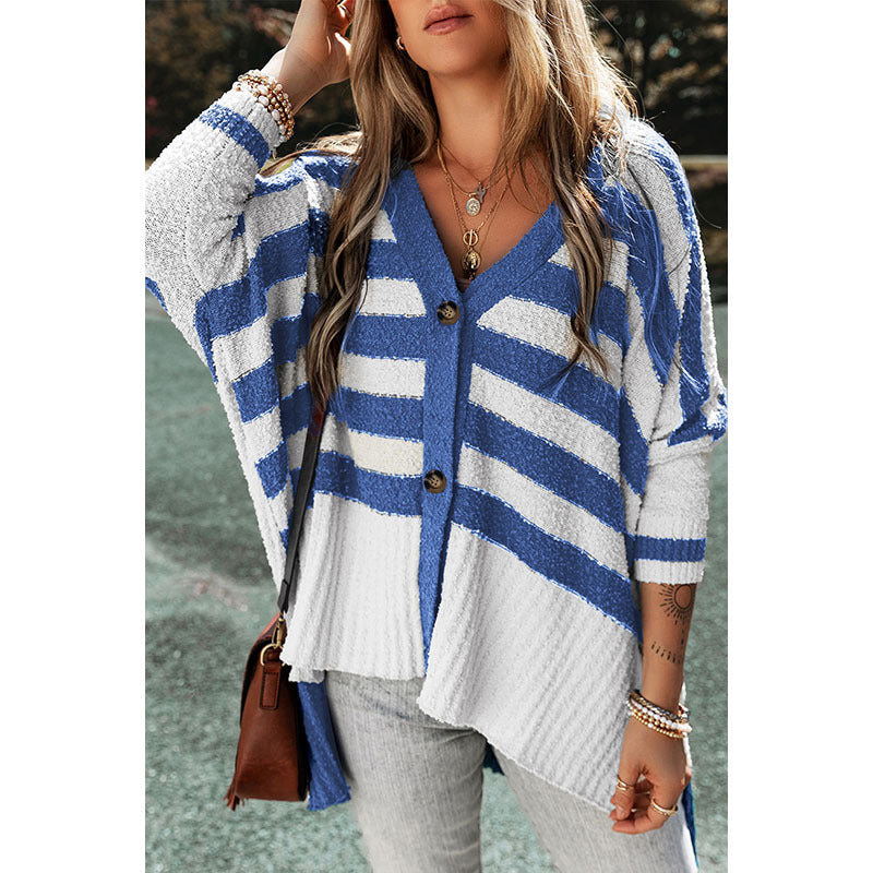 Casual Striped Cardigan with Buttons Sweater Women Autumn Winter Color Contrast Patchwork Drop Shoulder Knitted Cardigan Women