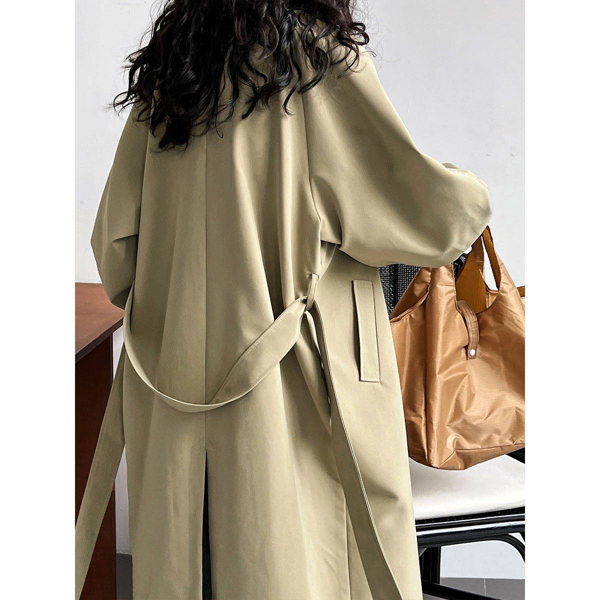 Autumn Clothing Korean Stand Up Collar Puff Sleeve Trench Coat Women Mid Length Waist Controlled Lace Up Overcoat