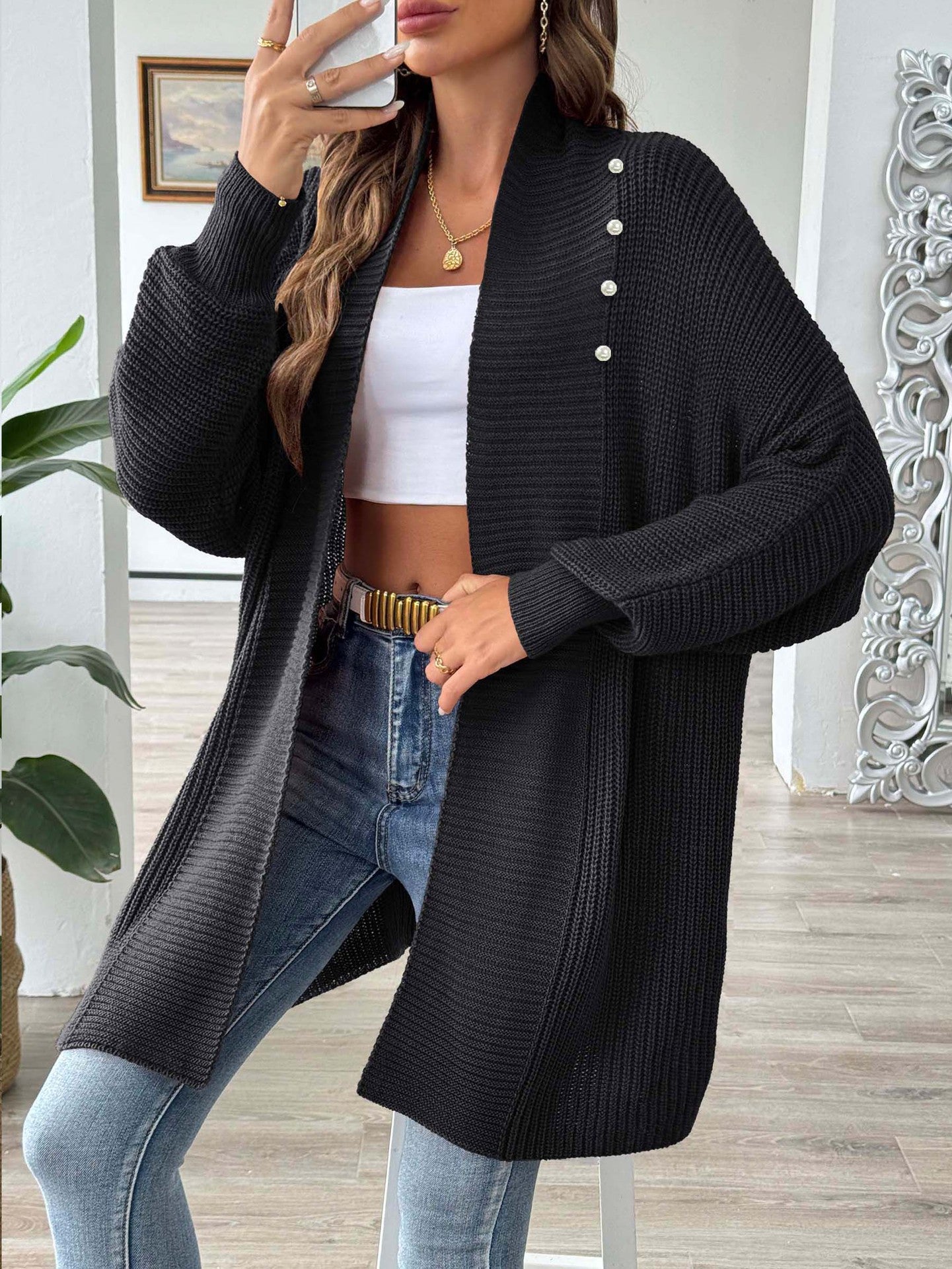 Femmes automne hiver manteau femmes vêtements Simple pull ample perle perlée Cardigan