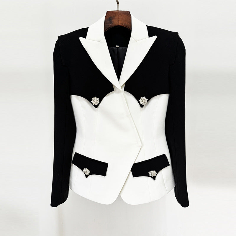 Black White Color Matching Color Contrast Slim Diamond Buckle Blazer Coat