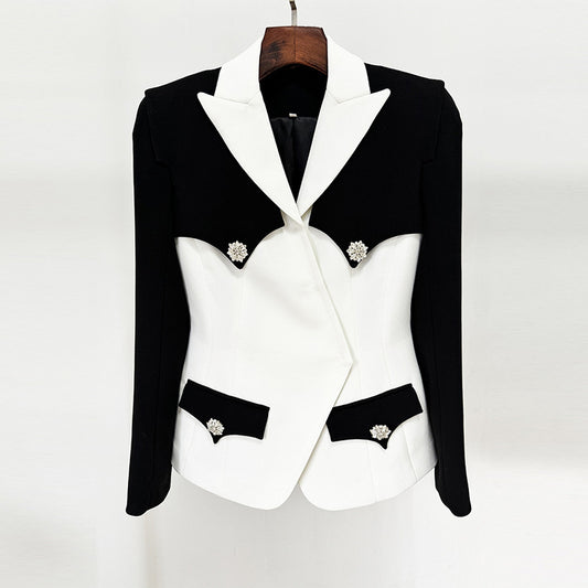 Black White Color Matching Color Contrast Slim Diamond Buckle Blazer Coat