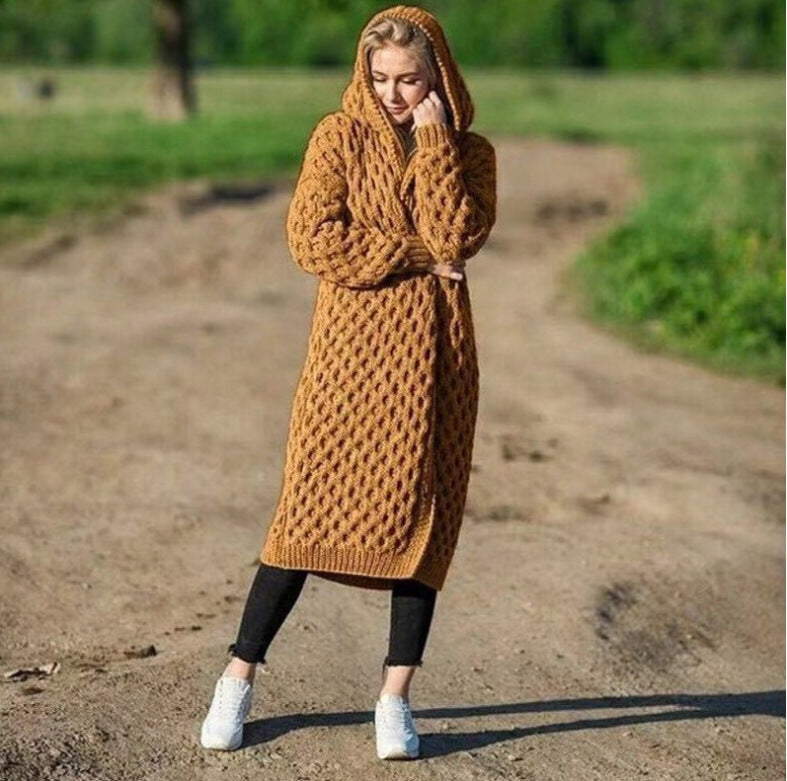 Otoño Invierno mantener caliente Color sólido ropa de mujer suéter de punto largo con capucha chaqueta de punto