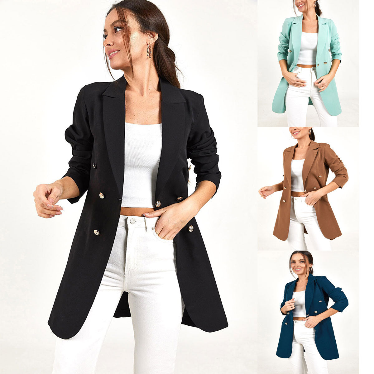 Blazer mi-long décontracté à Double boutonnage pour femmes, vêtements d'affaires, couleur unie