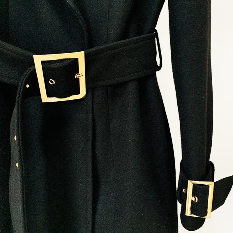 Goods Autumn Winter Star Simple Series Belt Long Woolen Coat Woolen Coat