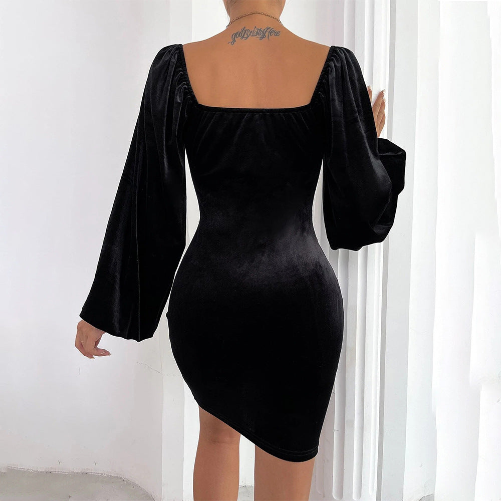 Women Clothing Sexy Cutout Ring Slim Fit Waist Graceful Puff Sleeve Sheath Velvet Halloween Dress