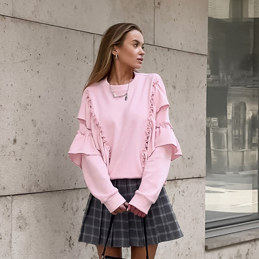 Fall Gentle Pink Elegant Knitted Ruffled Round Neck Drop-Shoulder Sleeve All Matching Loose Casual Sweater Women