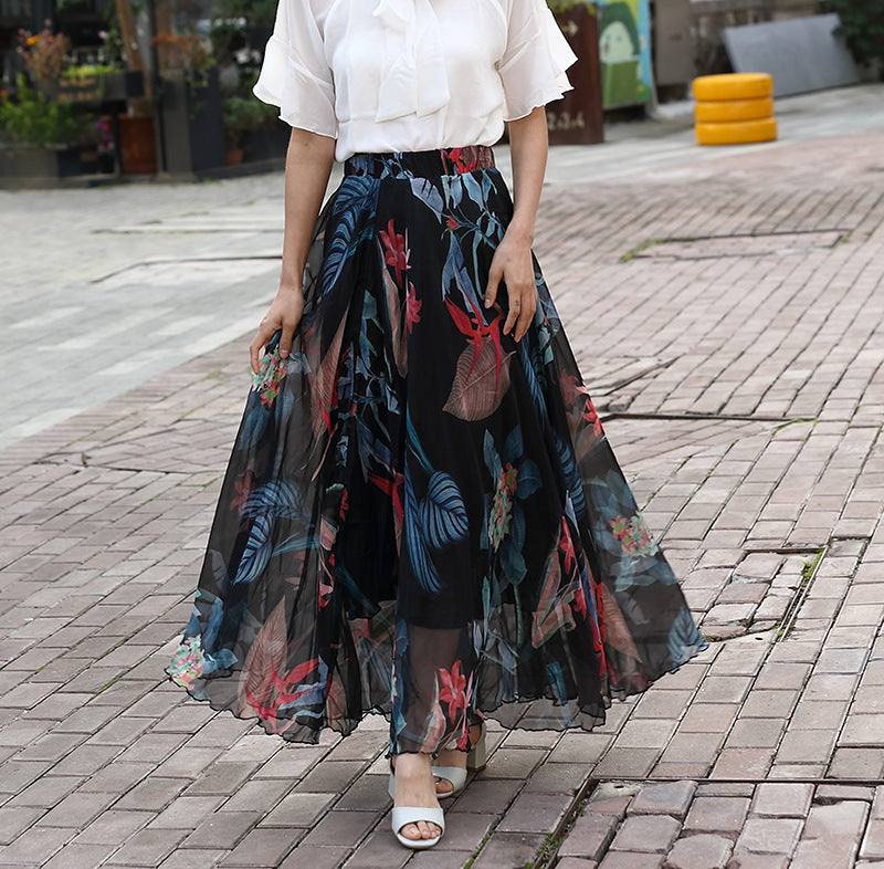 Chiffon Skirt Printed Floral High Waist Slimming