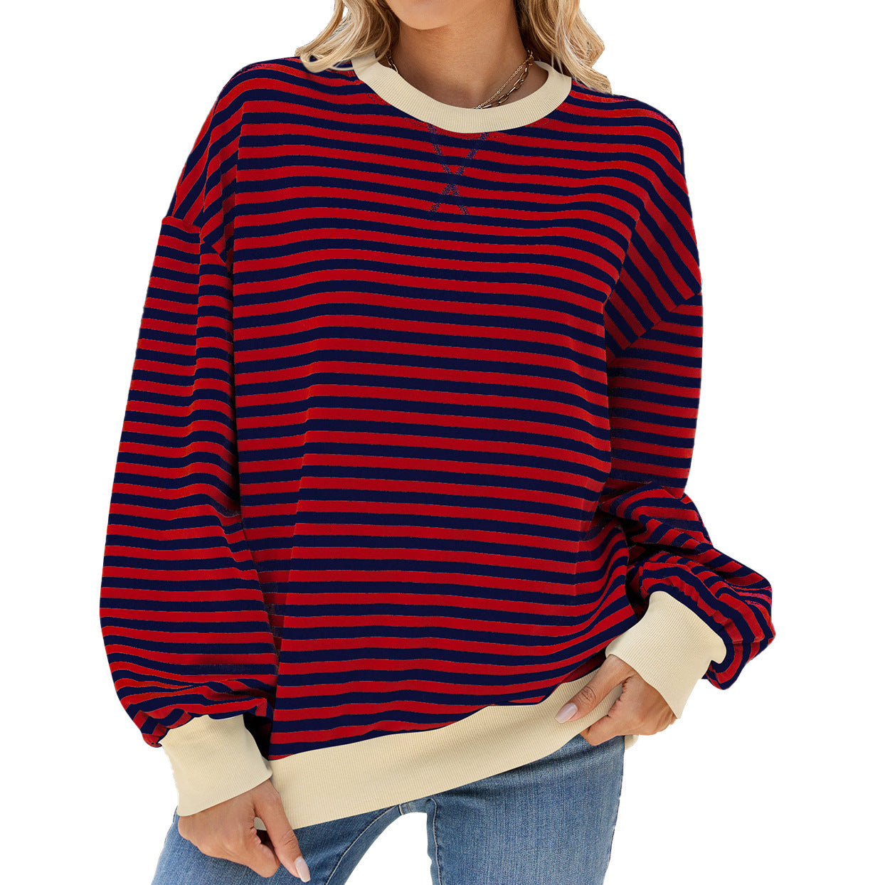 Autumn Winter Striped Round Neck Contrast Color Loose Long Sleeve Sweatershirt Coat Women