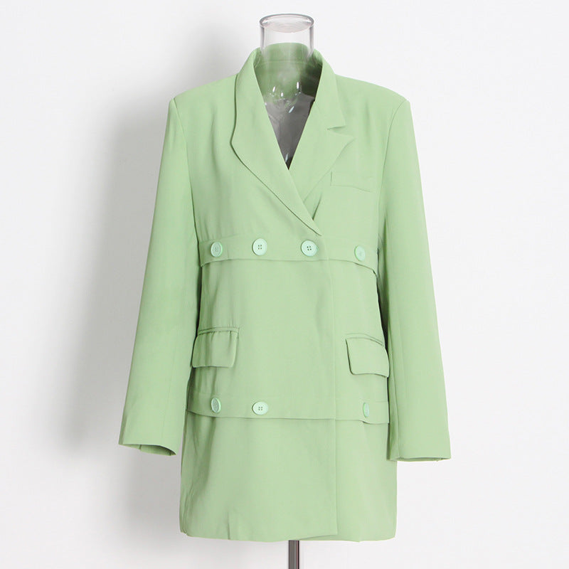 Grass Green Fresh Casual Small Blazer Winter Layered Long Sleeve Loose Mid Length Coat