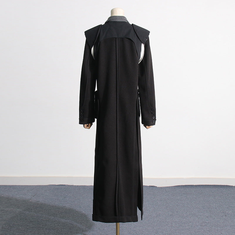 French Hepburn Contrast Color Design Long Trench Coat Women Clothing Winter Long Cut Coat