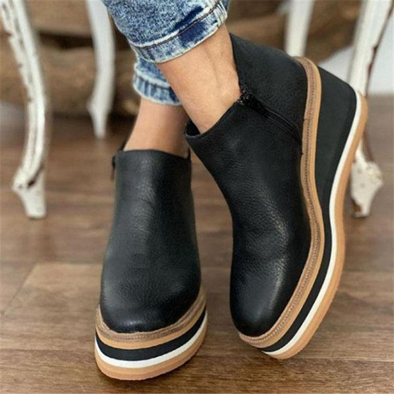 Wedge Thin Short Boots for Women Autumn Winter Side Zipper Mid Heel Leather Surface Ankle Boots