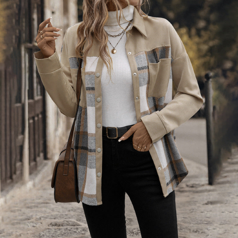 Collared Patchwork Plaid Top Autumn Winter Long Sleeve Outer Women Clothing All Matching Casual Cardigan Coat