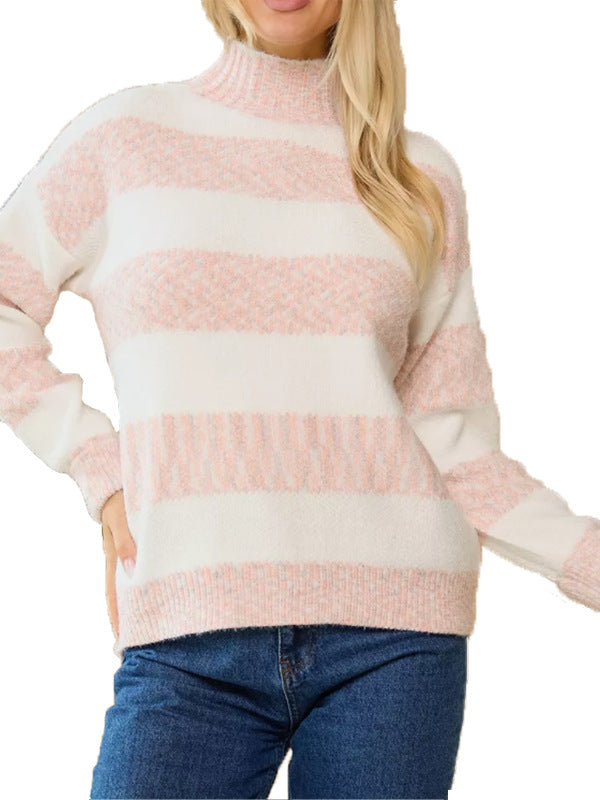 Women Half Turtleneck Pullover Long Sleeve Pearl Sweater Striped Contrast Color Chenille Top