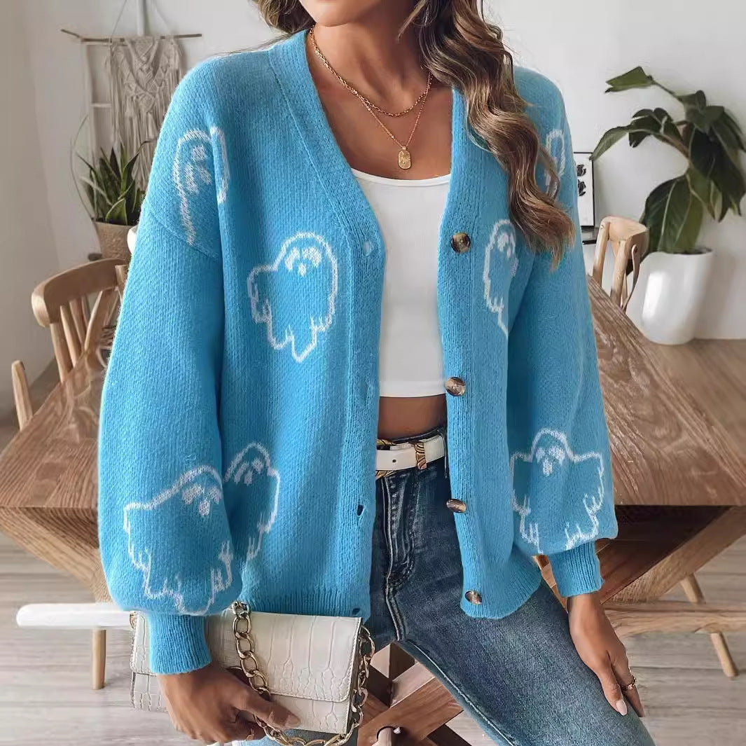 Pull d'Halloween pour femme, vêtement ample et décontracté, pull à boutons, cardigan en jacquard de dessin animé pour femme