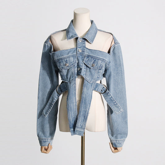 Spring Personalized Trendy Hollow Out Cutout Out Stitching Collared Design Sexy Short Long Sleeve Denim Jacket Women