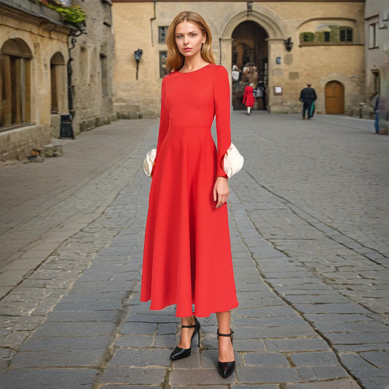 Vestido largo elegante francés de otoño con cuello redondo, manga larga, costura floral tridimensional, color liso, para mujer