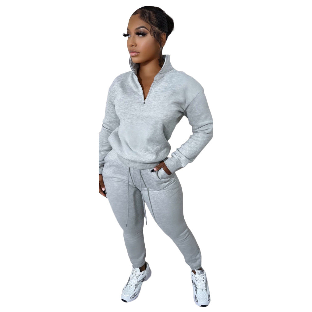 Urban Autumn Winter Fleece Lined Pullover Zipper Casual Exercise Suit