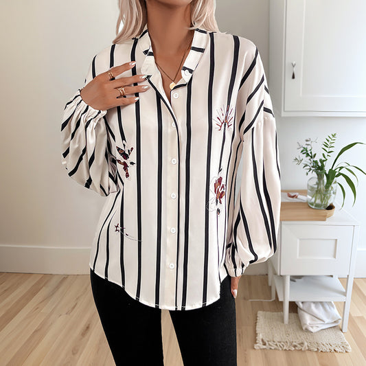 Stand Collar Long Sleeve Cardigan Top Autumn Winter Striped Printed Shirt