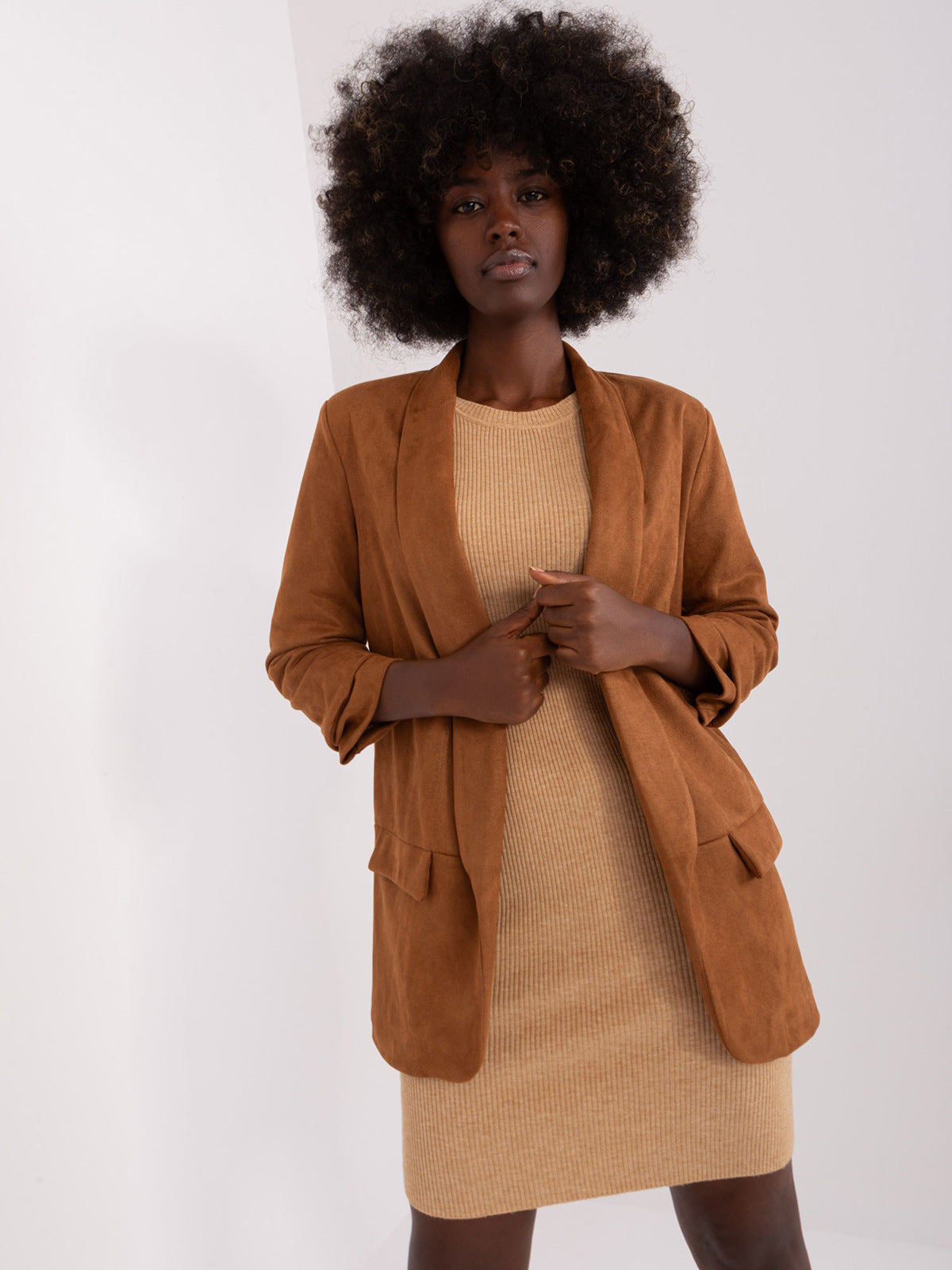 Cardigan à col Polo pour femme, couleur unie, manches trois quarts, Blazer en daim