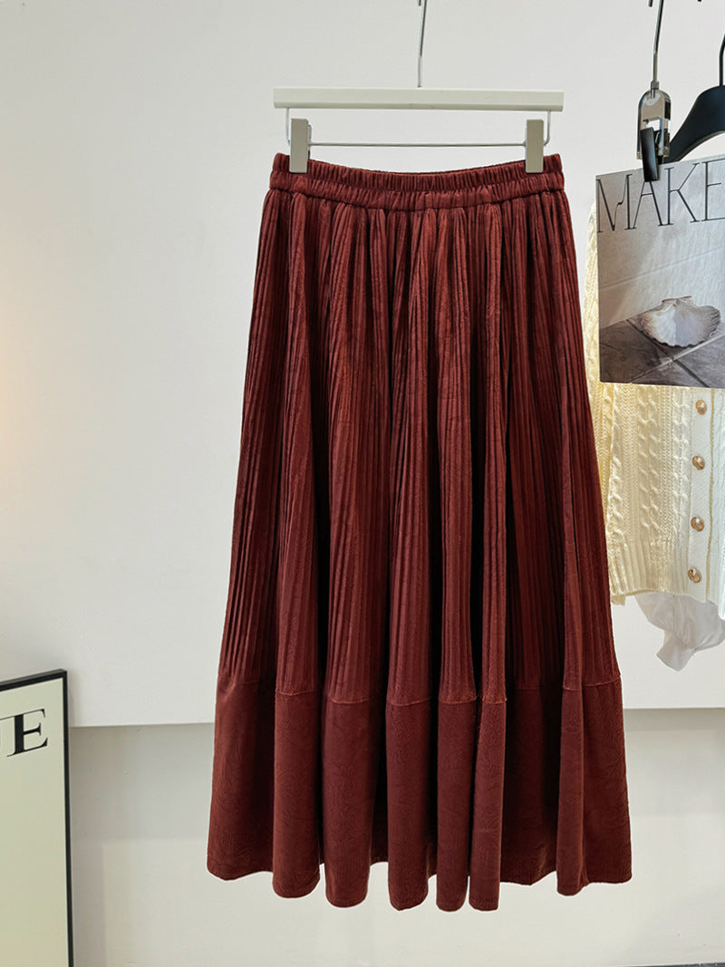 Embossed Velvet Pleated Skirt Autumn Winter Retro Loose Slimming All Matching Large Skirt Mid Length Skirt