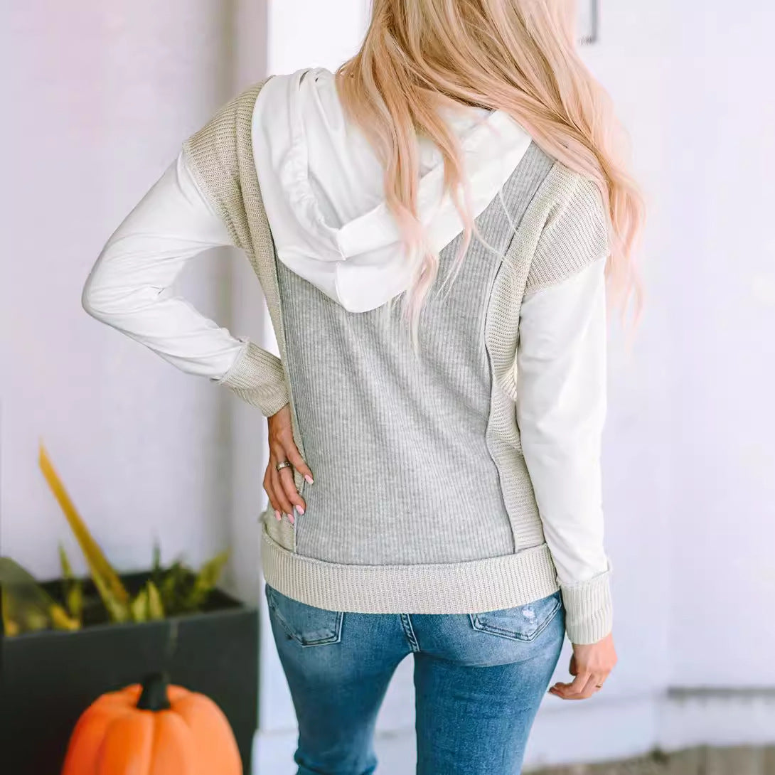 Early Autumn Color Matching Hoodie Women Casual Texture Knitted Long Sleeved Sweater Women