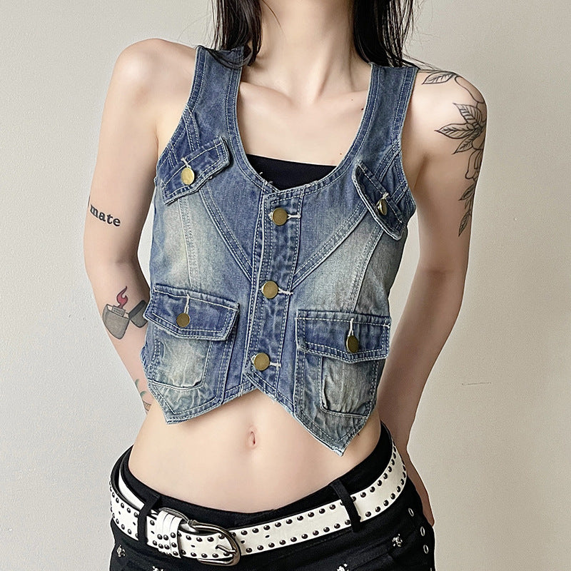 Wash Color Workwear Buckle Bag Denim Vest Women Sexy Personality Wear Irregular Asymmetric Top