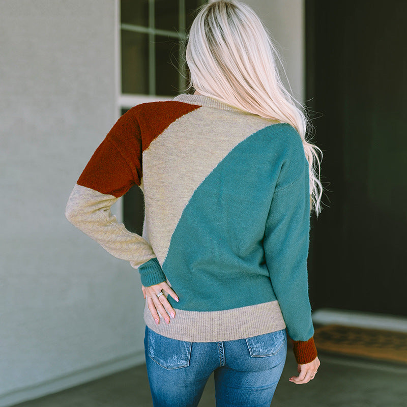 Ropa de mujer Suéter de otoño con contraste de color Suéter sencillo multicolor con cuello redondo para mujer