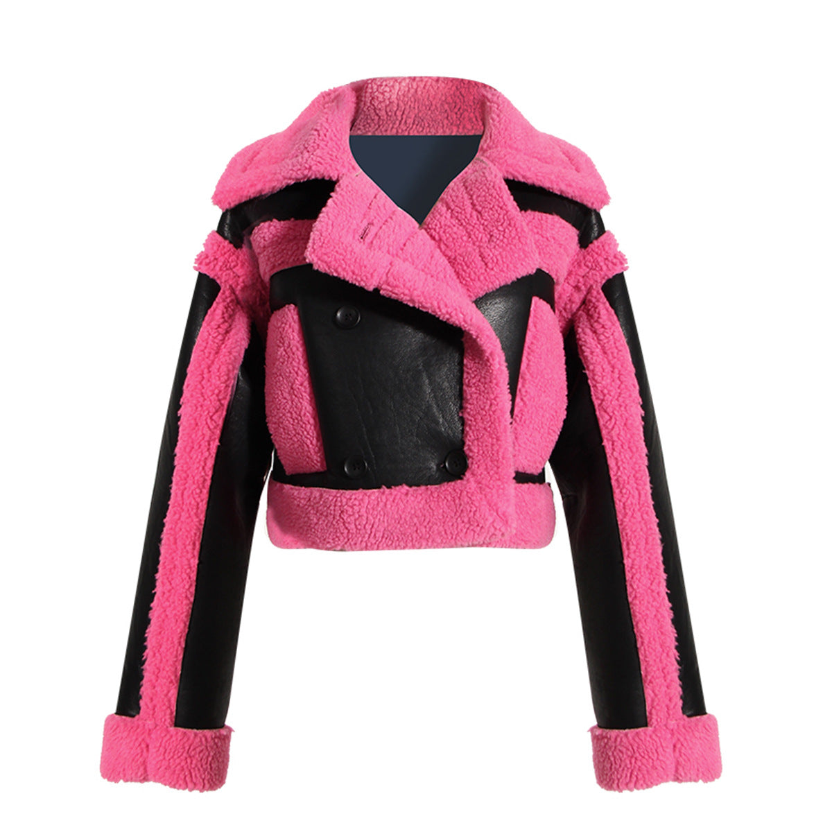 Chaqueta de moto con cuello grande Chaqueta de piel sintética de color rosa en contraste