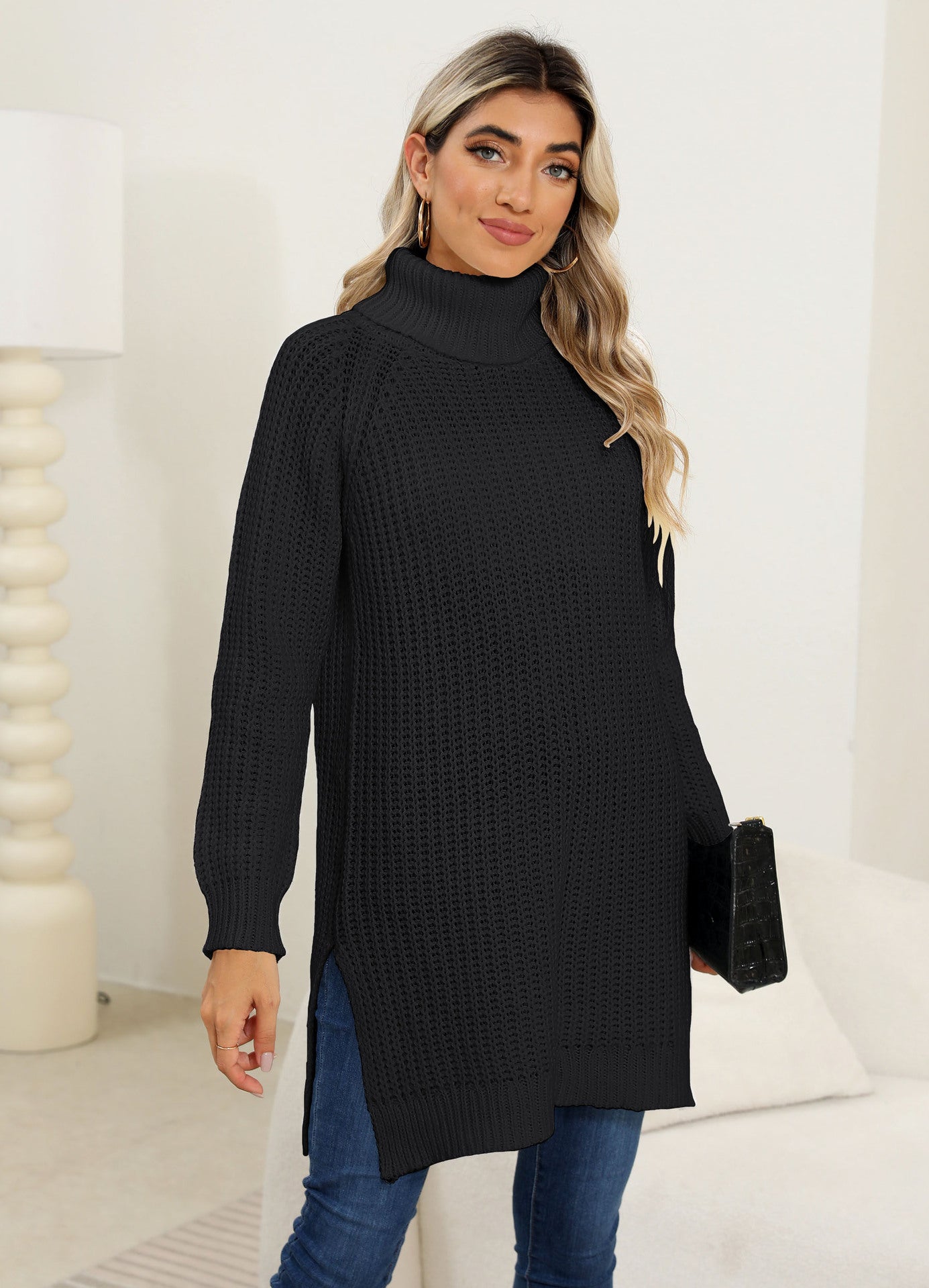 Chemise de Base pour femmes, vêtements pour femmes, automne hiver, pull épais, col roulé, robe fendue Simple