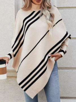 Women Sweater Irregular Asymmetric Striped Mock Neck Batwing Sleeve Pullover Sweater Shawl Cape