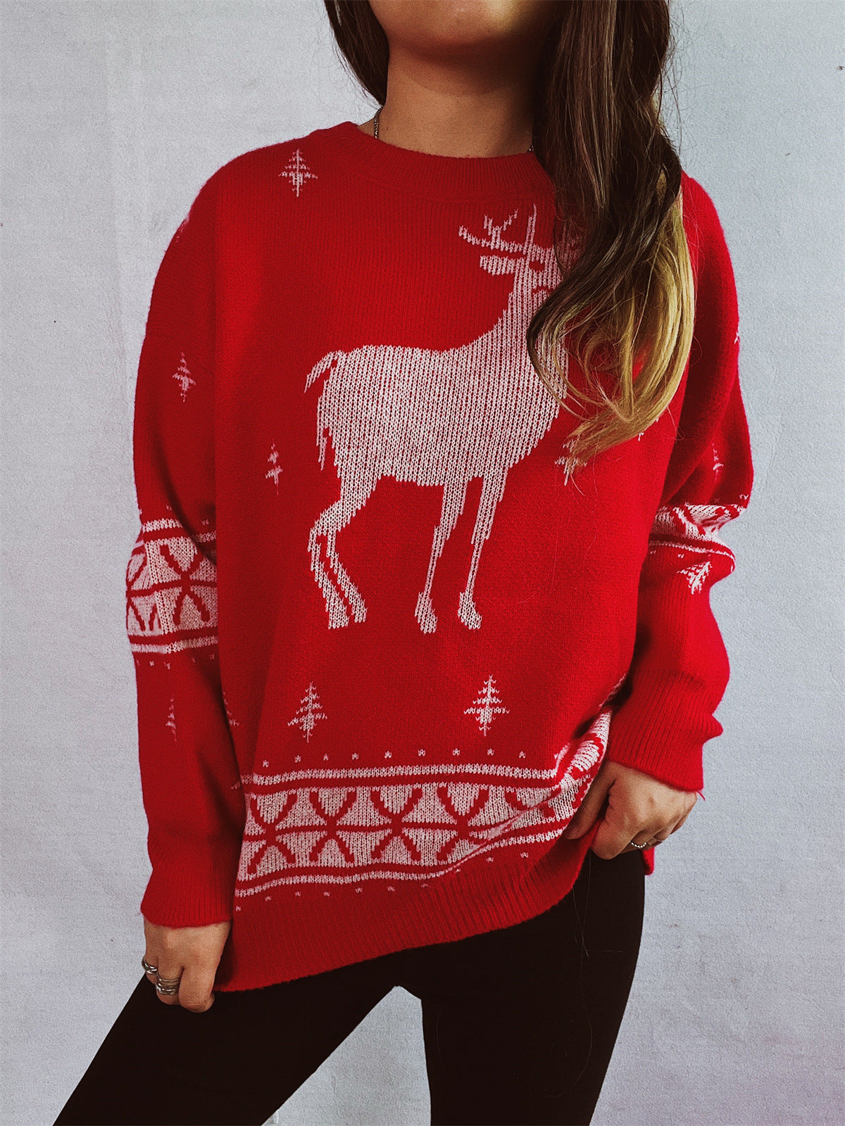 Arrival Autumn Winter Cartoon Reindeer Snowflake Jacquard Christmas Sweater round Neck Pullover Sweater