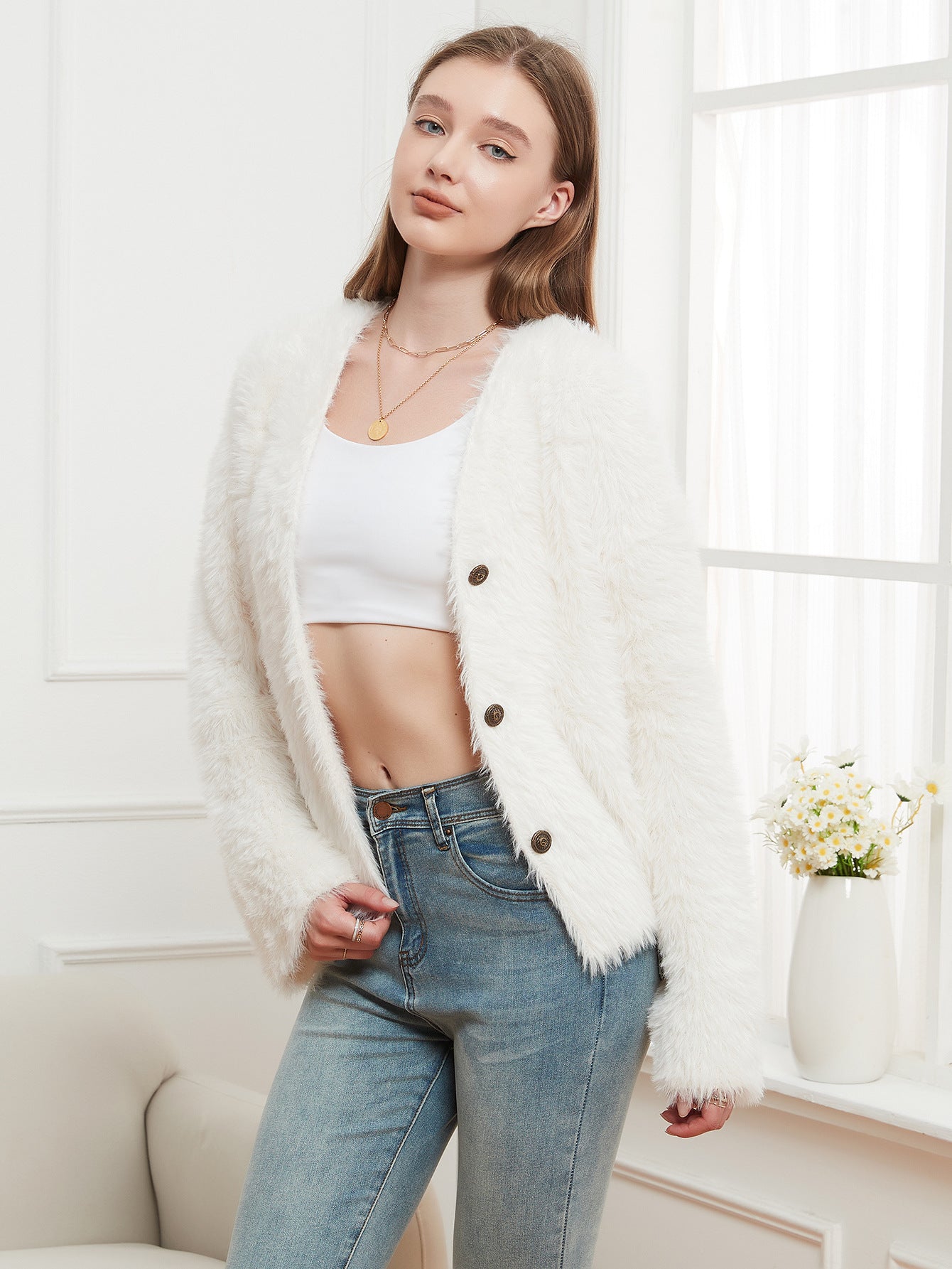 Cardigan tricoté en vison pour femme avec col en V et haut décontracté et doux