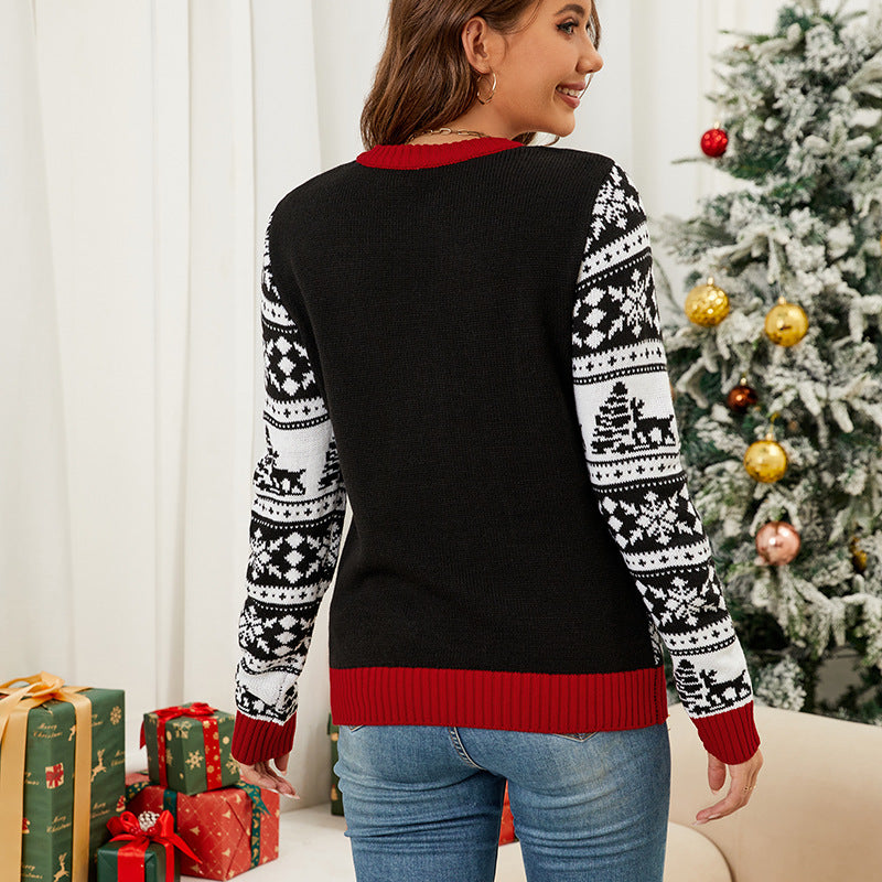 Pull tricoté jacquard en élan de Noël pour femme, haut d'automne et d'hiver, pull de Noël